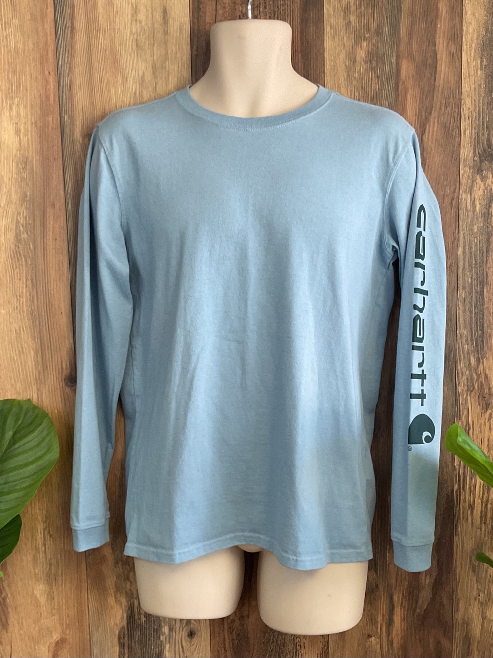 Carhartt Men's Long-Sleeve Crew Tee in Sky Blue with Logo Sleeve S 205B